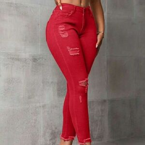 SHEIN Women's Vibrant Red Distressed Skinny Jeans